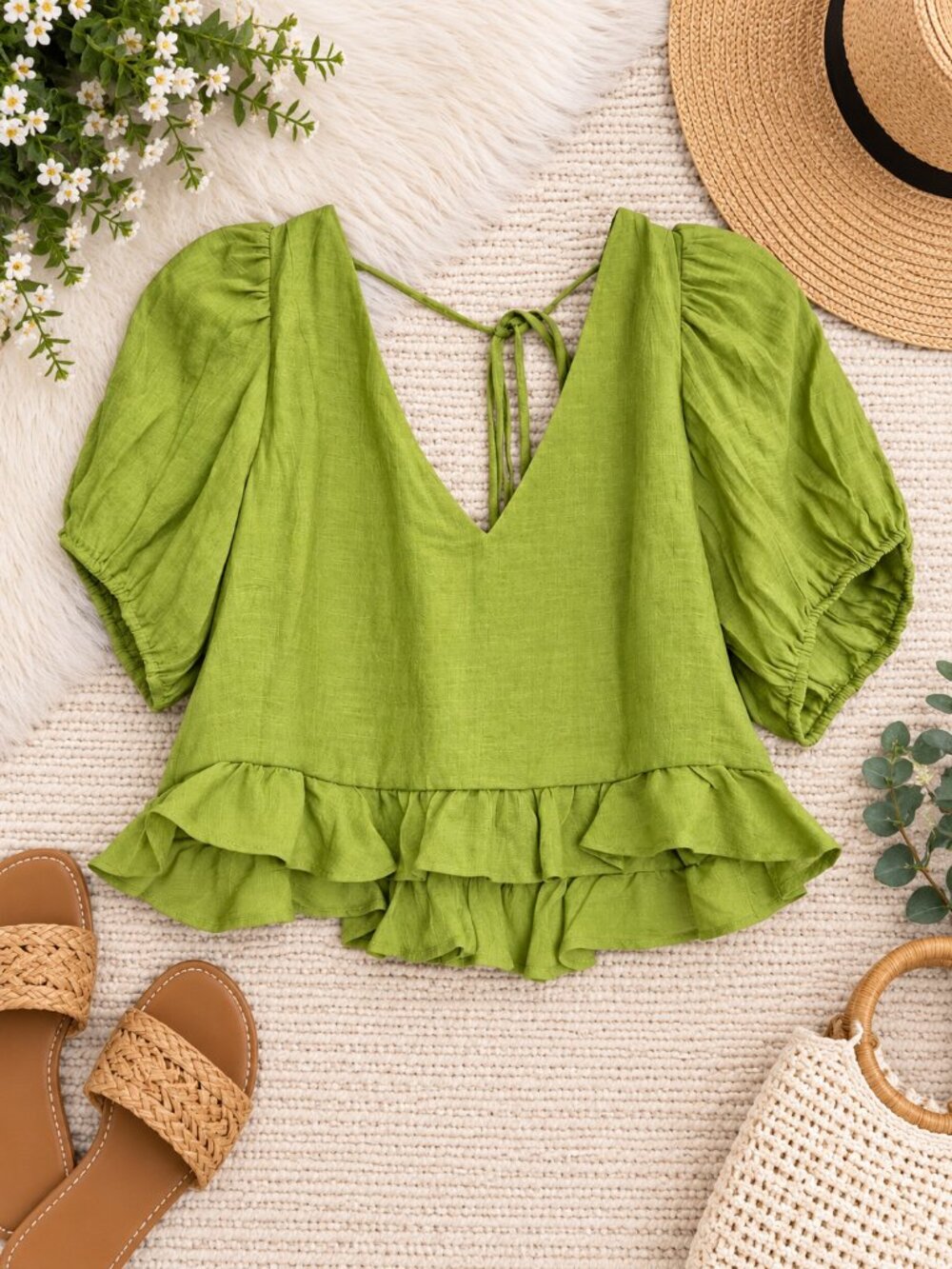 1.STATE Size 14 Green Puff Sleeve Ruffle Peplum Tie Back Top